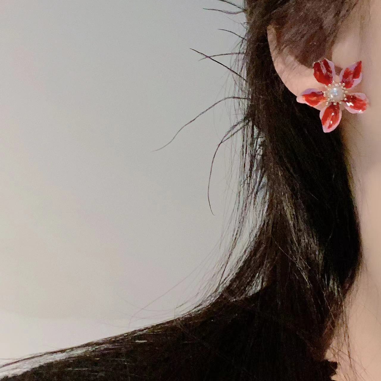 Wholesale Pearl Red Flower Earrings