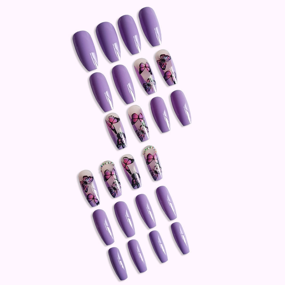 Wholesale 24 Pieces/box Purple Butterfly Manicure Press-on Nails Kits Nail Stickers ACC-NS-SanWei011