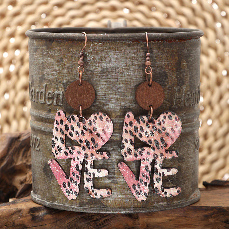 Wholesale Valentine's Day Wave Dot English Letter LOVE Wooden Shape Earrings