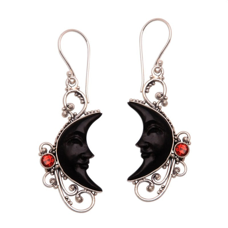 Wholesale  hollow  personality carved gem black moon sun face earrings