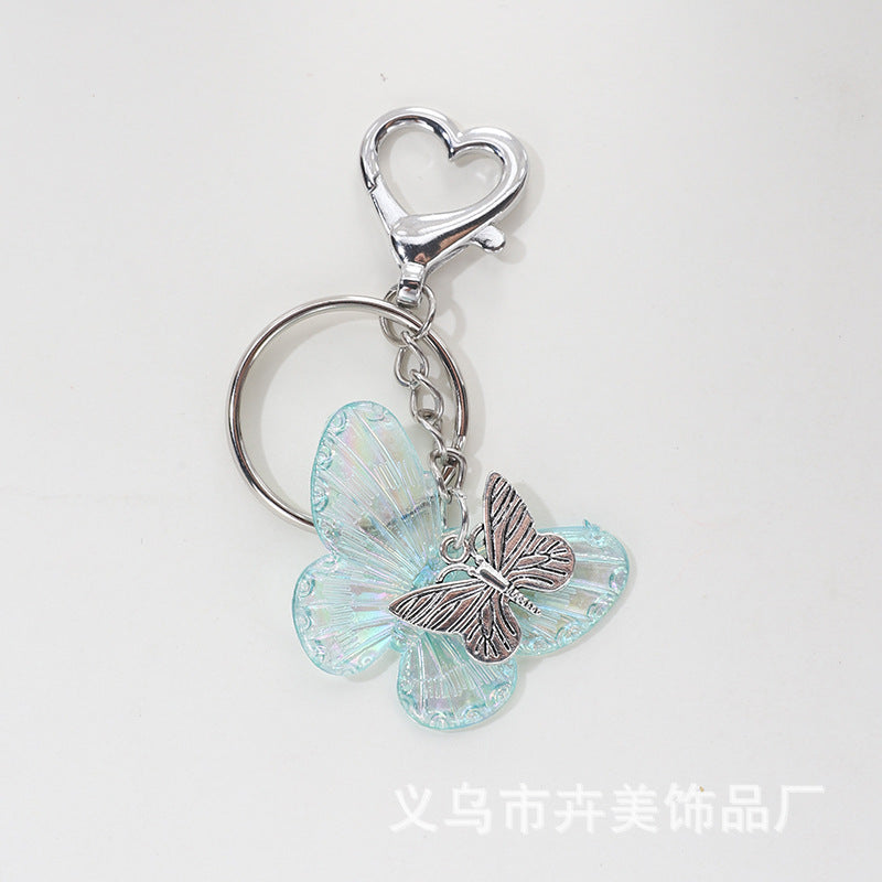 Wholesale Cute cartoon AB color plated butterfly heart keychain