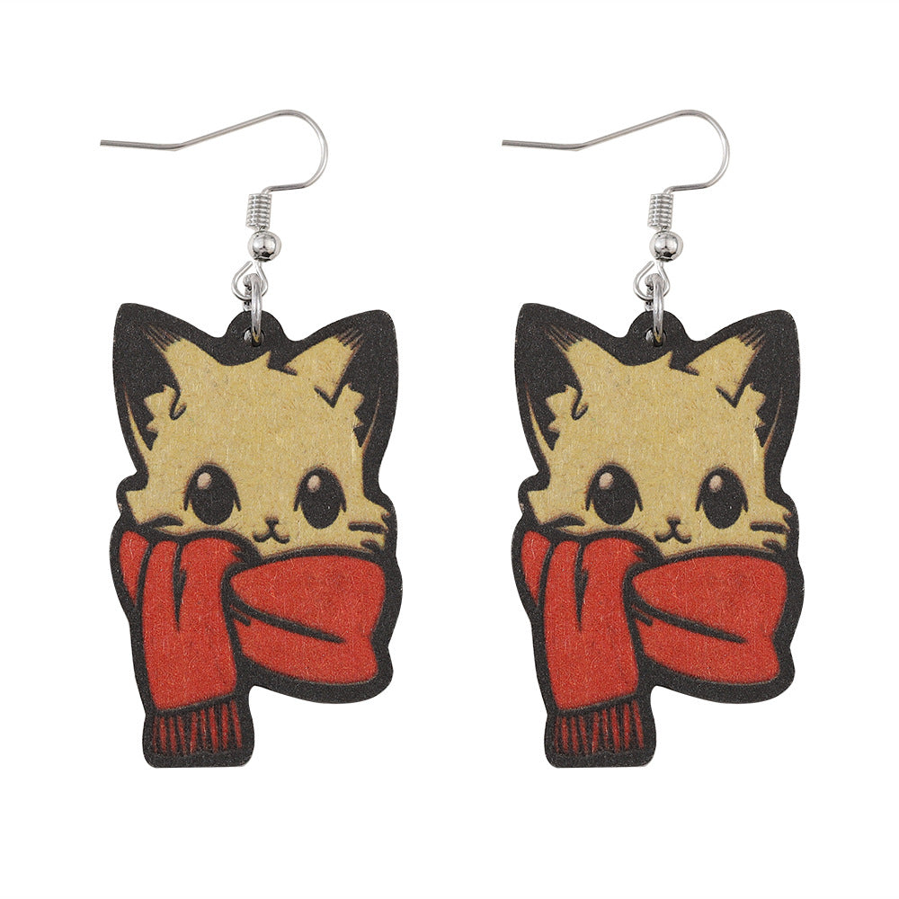 Wholesale Christmas cute red f cat pendant earrings wooden double-sided