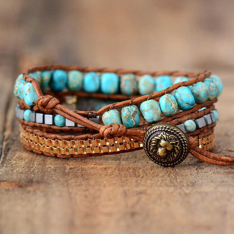 Wholesale Bohemian Style Emperor Stone Cut Angle Turquoise Hand-woven Triple Wrap Leather Cord Bracelets ACC-BT-LZ010