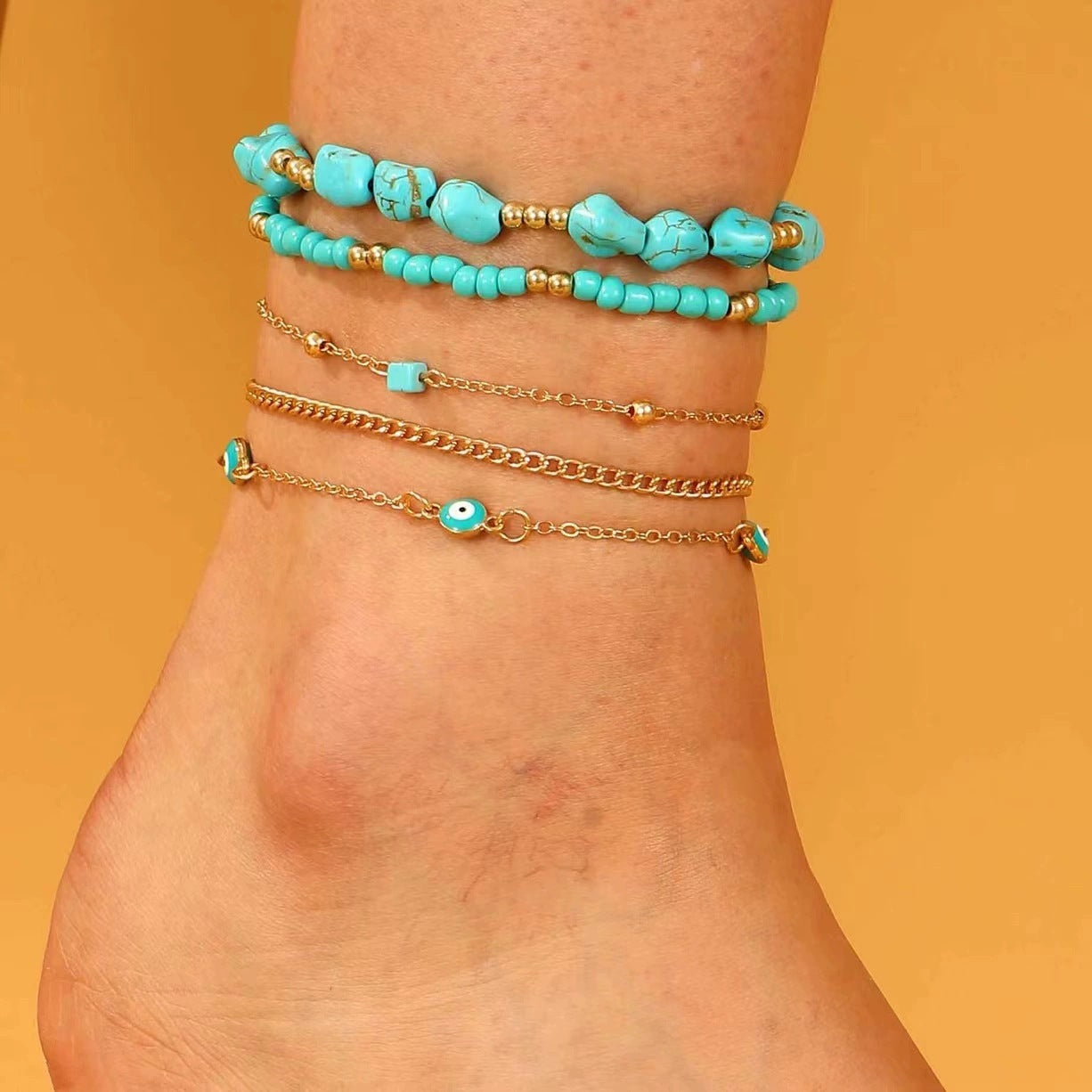 Wholesale Bohemian Vacation Style Color Random Soft Pottery Turtle Fish Tail Pendant Rice Bead Elastic Multi-Layer Foot Chain  Anklets