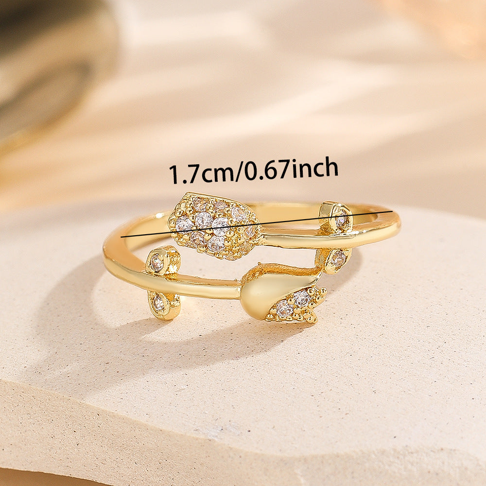 Wholesale Chic Gold Floral Leaf Open Adjustable Ring Zircon Crystal Fashion Jewelry Accessory For Everyday Wear