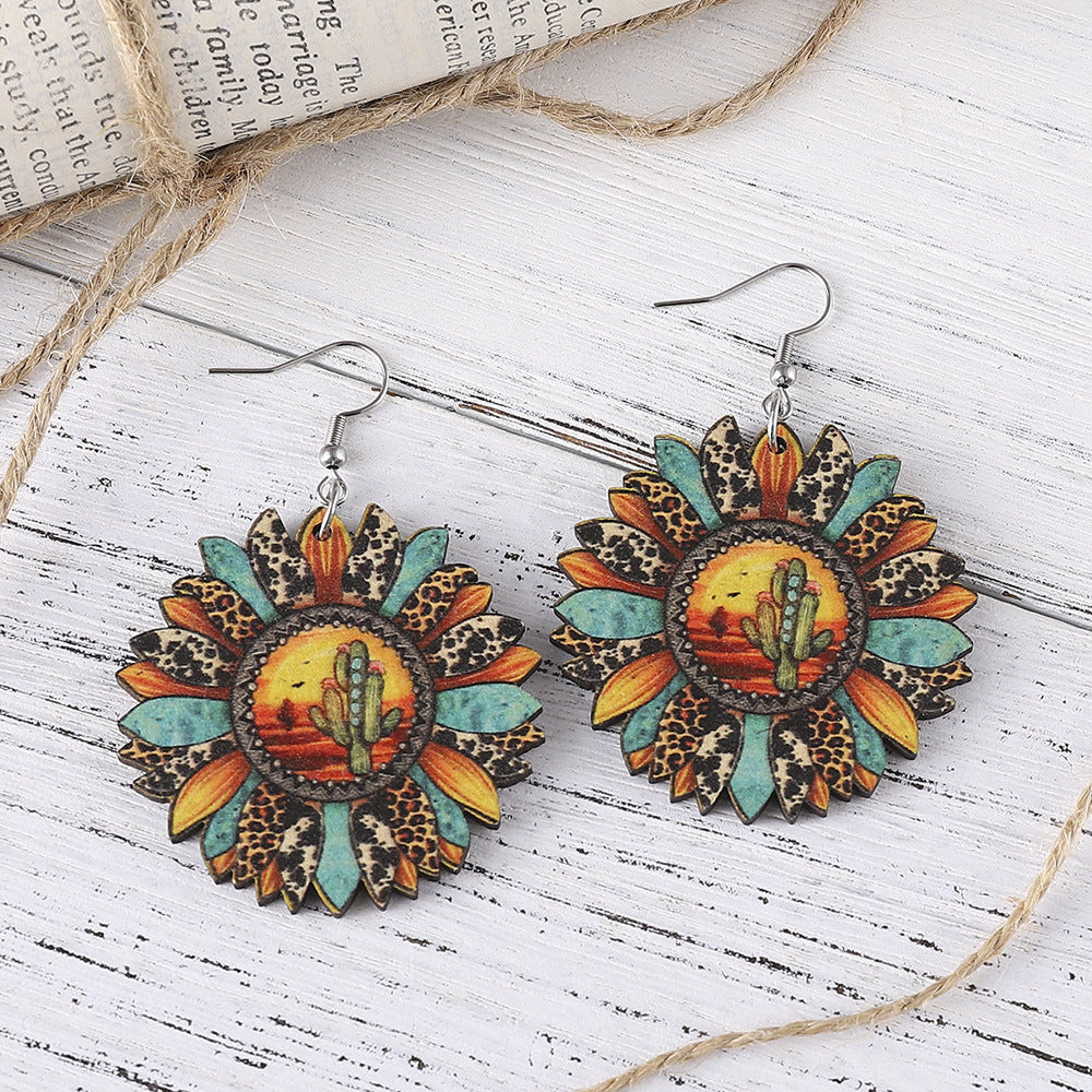 Wholesale Western Style Leopard Print Sunflower Cactus Wood Earrings ACC-ES-ChuLian087