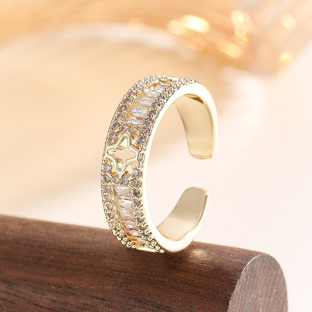 Wholesale Gold C Shape Round Bead Ring Open Adjustable Copper Zircon Jewelry Accessory Trendy Boutique Gift
