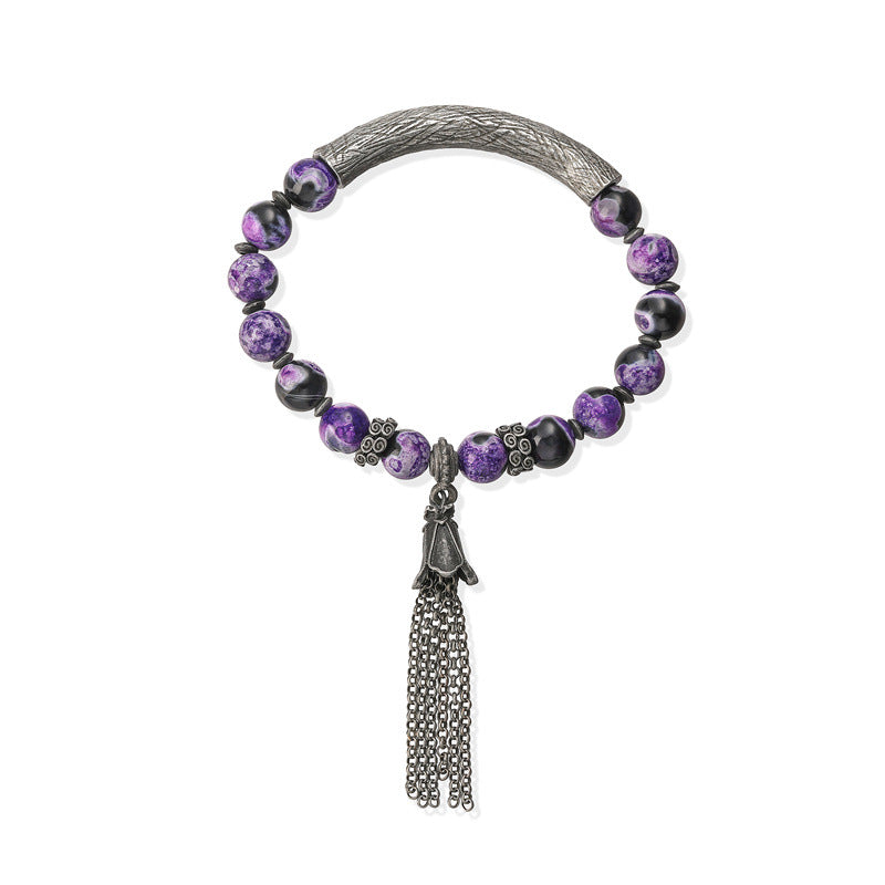 Wholesale New Chinese Style Gun Black Stone Bead Bracelet With Tassel Unisex Retro Wedding Gift Jewelry Accessory