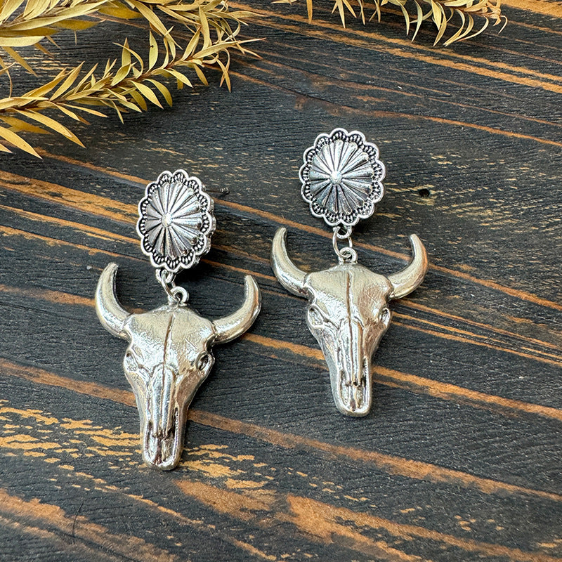Wholesale Western metal earrings cow's head sunflower inlaid turquoise stitching denim earrings