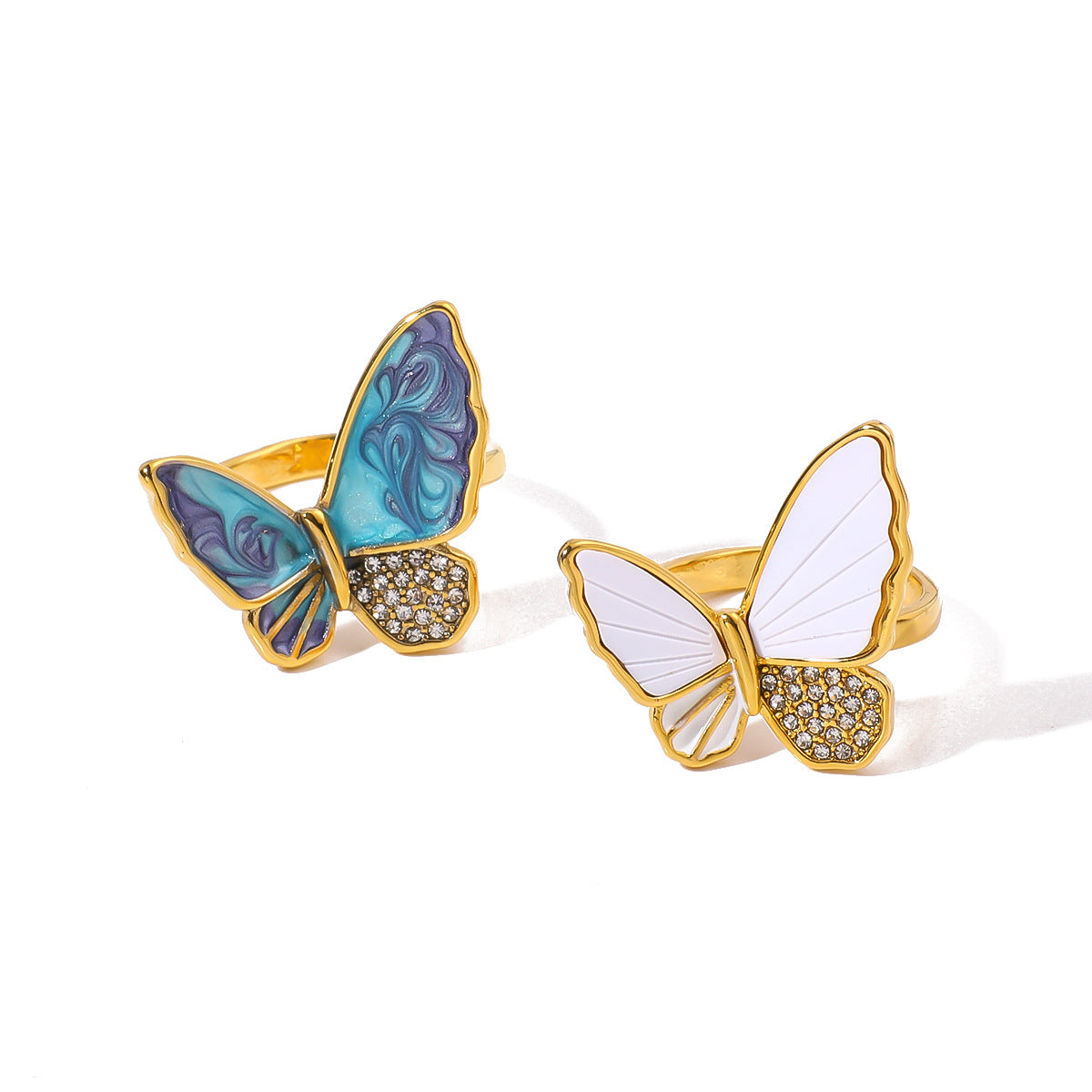 Großhandel blau lila Ölpilze Diamant Schmetterling Ring Licht Luxus Edelstahl mit 18 Karat Gold Ring plattiert