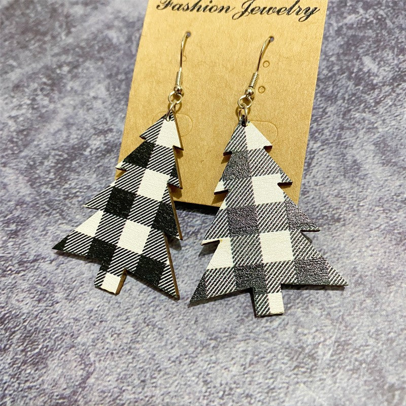 Wholesale Christmas earrings snowflake buffalo plaid Christmas tree wood earrings