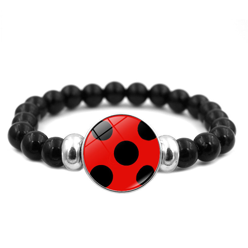 Wholesale Cartoon Ladybug Bear Paw Print Black Elastic Bead Bracelet Handmade Glass Jewelry Gift
