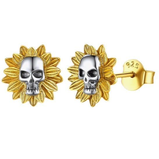 Wholesale  Creative Sunflower Skull Earrings Halloween Dark Alloy Skull Flower Earrings