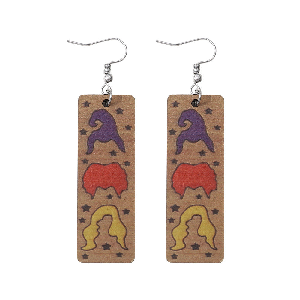 Wholesal  Red Black and Yellow Witch Head Pendant Women' s Wooden Double-Sided Earrings