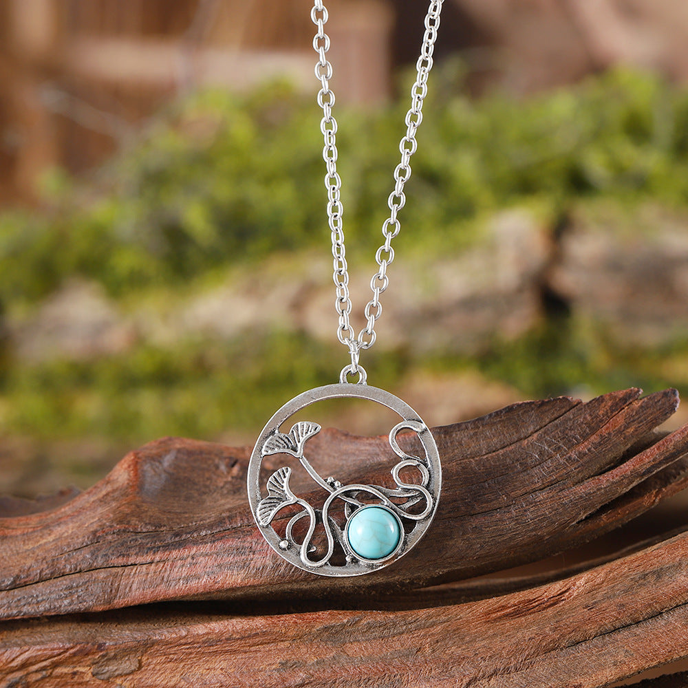 Wholesale Retro Hollow Lotus Leaf Cow Hummingbird Turquoise Necklace