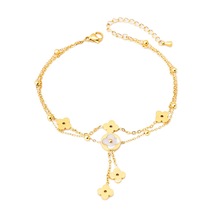Wholesale  18K accessories double-layer flower shell tassel anklet