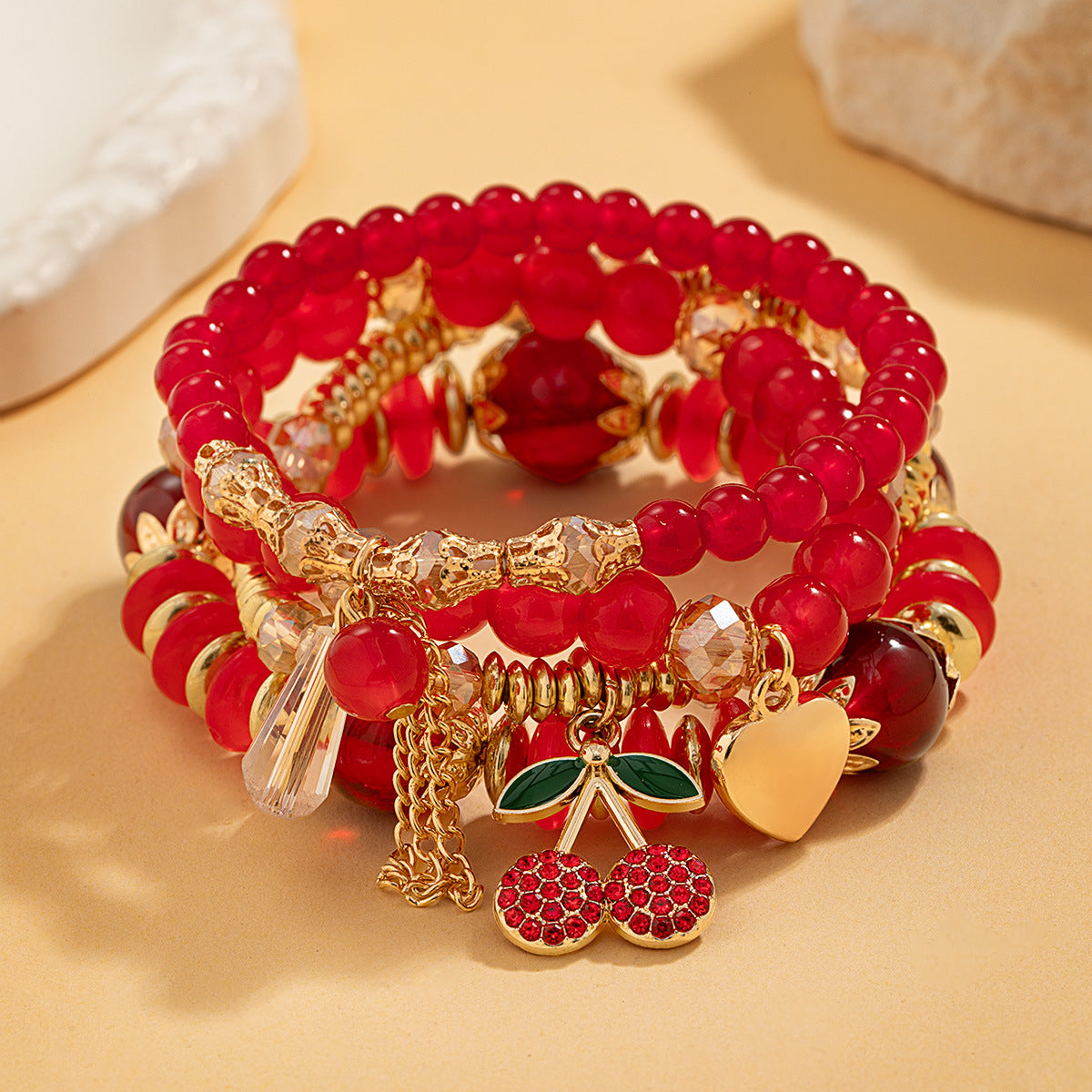 Wholesale cherry heart pendant red transparent beaded elastic women' s bracelet