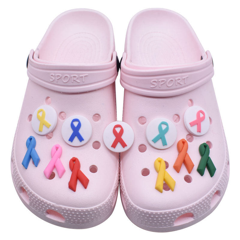 Wholesale Random 100pcs Care Breast Cancer Colon Cancer Ribbon PVC Soft Glue Hole Shoe Buckle DIY Decoration ACC-SC-RYY006