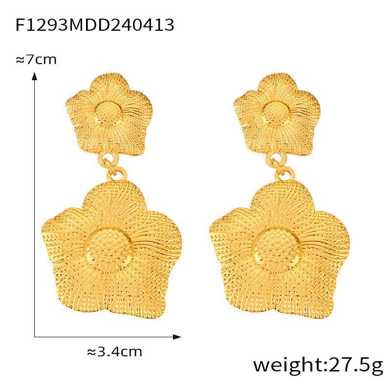 Wholesale Large and Small Ring Hollow Flower Earrings Titanium Steel Plated 18K Gold Exaggerated Earrings ACC-ES-OMK002