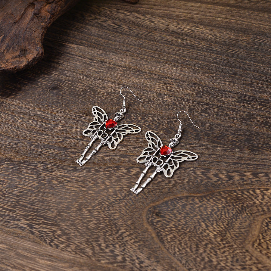 Wholesale  Exaggerated Skull Wings Ruby Earrings