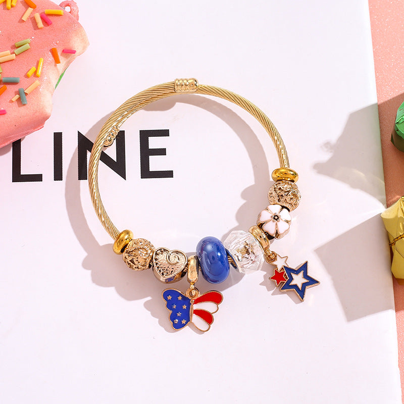 Wholesale American Independence Day Butterfly Hot Air Balloon Beaded Stainless Steel Bracelet ACC-BT-QingLian005