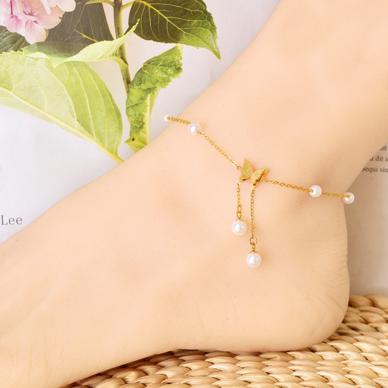 Wholesale Pearl Chain Butterfly Tassel Anklets ACC-AS-JinLang002
