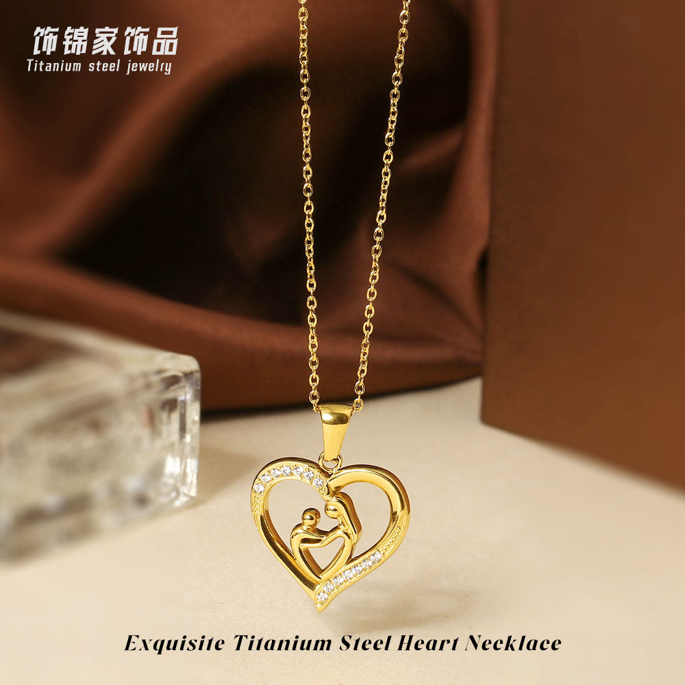 Wholesale Mother' s Day Titanium Steel Heart-Shaped Pendant Necklace with Zircon Inlay