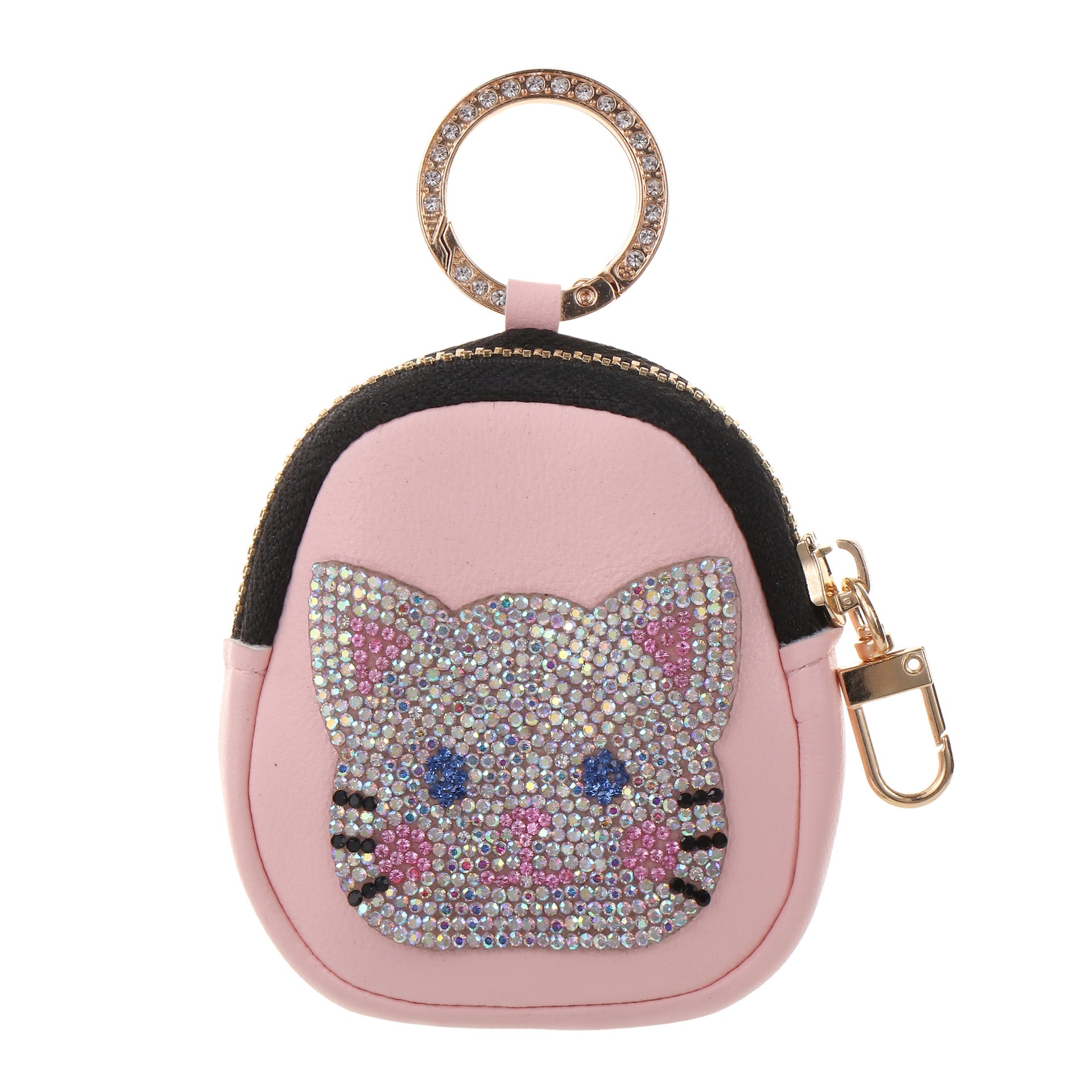 Wholesale Cute Cat Faux Leather Keychain Zipper Pouch Rhinestone Embellished Pink Trendy Wedding Gift Boutique Resale Accessory