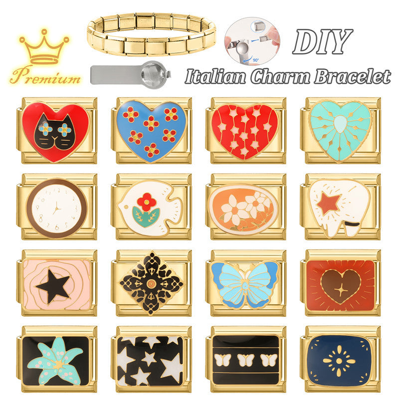Wholesale Gold Electroplated Metal DIY Patchwork Bracelet Set Italian Style Heart Butterfly Star Boutique Resale Jewelry Accessory