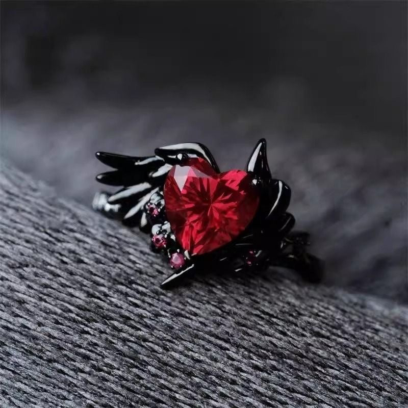Wholesale  Gun Black Wings Feather Inlaid Diamond Red Peach Heart Ring