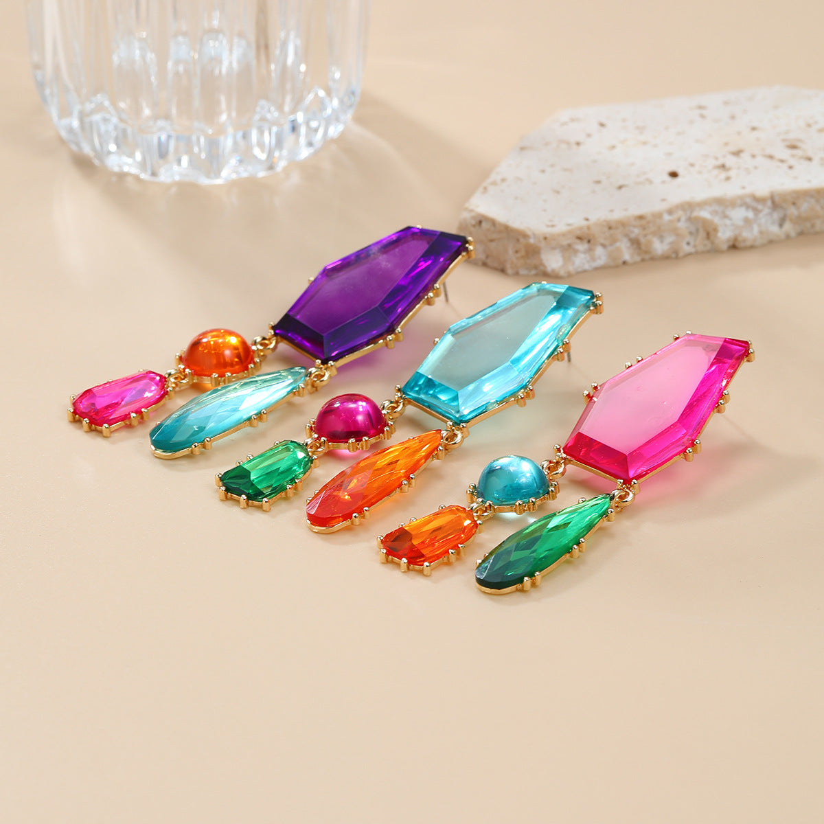 Wholesale Colorful Diamond Alloy Earrings with Exaggerated Geometric Block Color Bohemian Jewelry ACC-ES-JL001