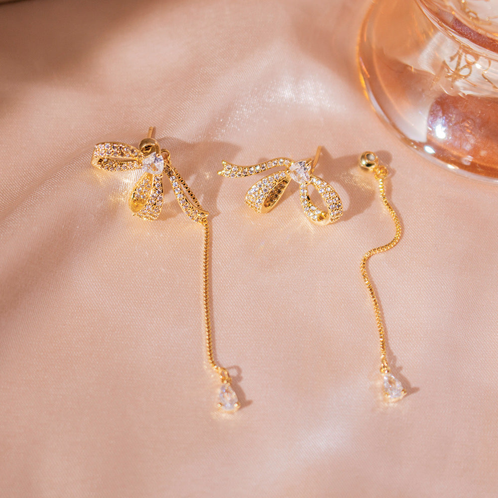 Wholesale Zirconia Bow Tassel Earrings