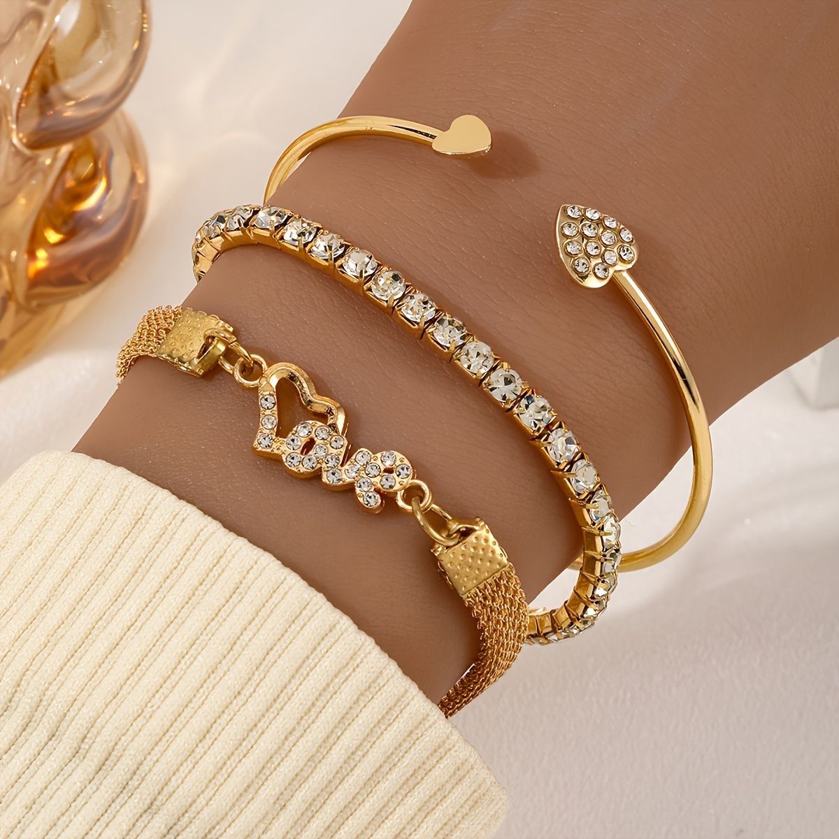 Wholesale Gold Tone LOVE Rhinestone Bracelet Set 3 Piece Women S Jewelry Chic Everyday Accessory Or Gift