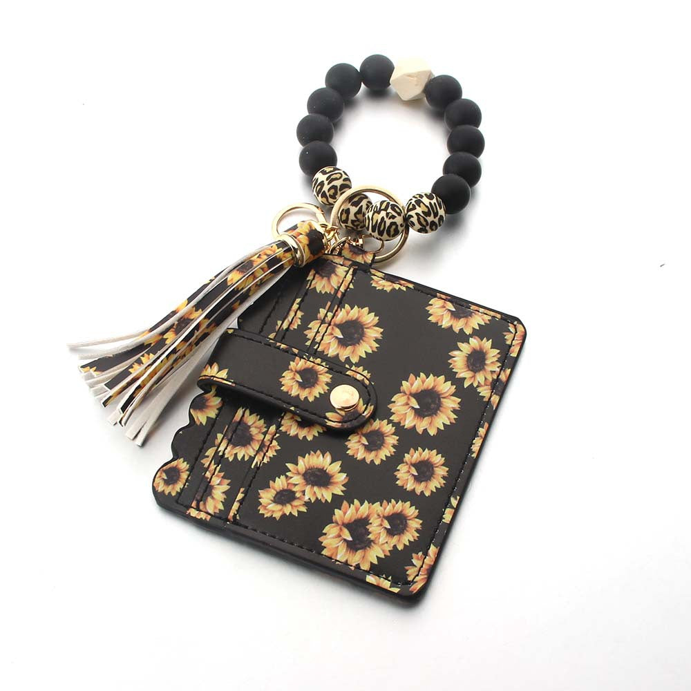 Wholesale Silicone PU Leather Tassel Bracelet Wooden Beads Wallet Keychain ACC-KC-JinAn023