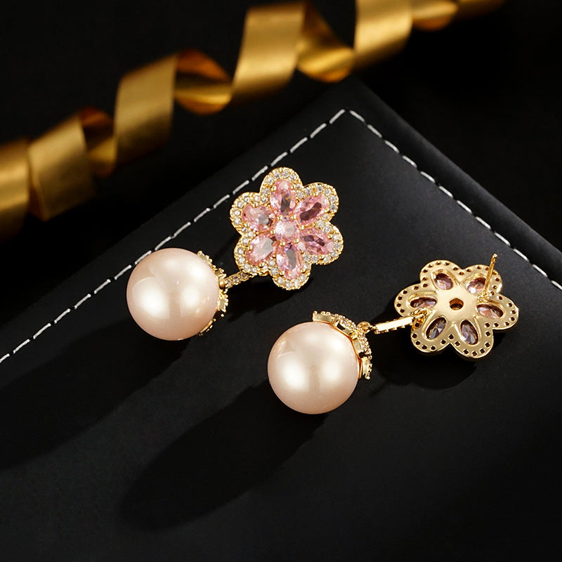 Wholesale Light Luxury Pink Zirconium Flower Earrings