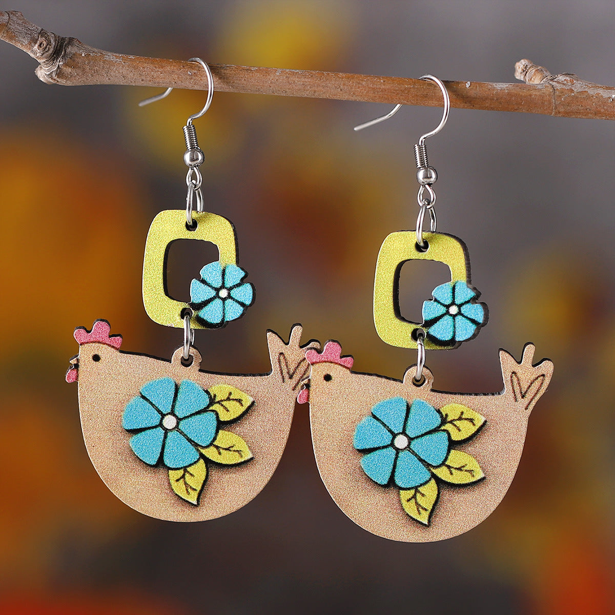 Wholesale Western Farm Cute  Hen Chick Flower Boots  Wooden Double-sided Earrings
