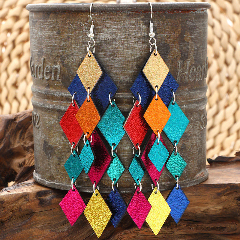 Wholesale  Bohemian Style Whole Feather Shape Small Leaf Light Blue Dark Blue PU Leather Earrings