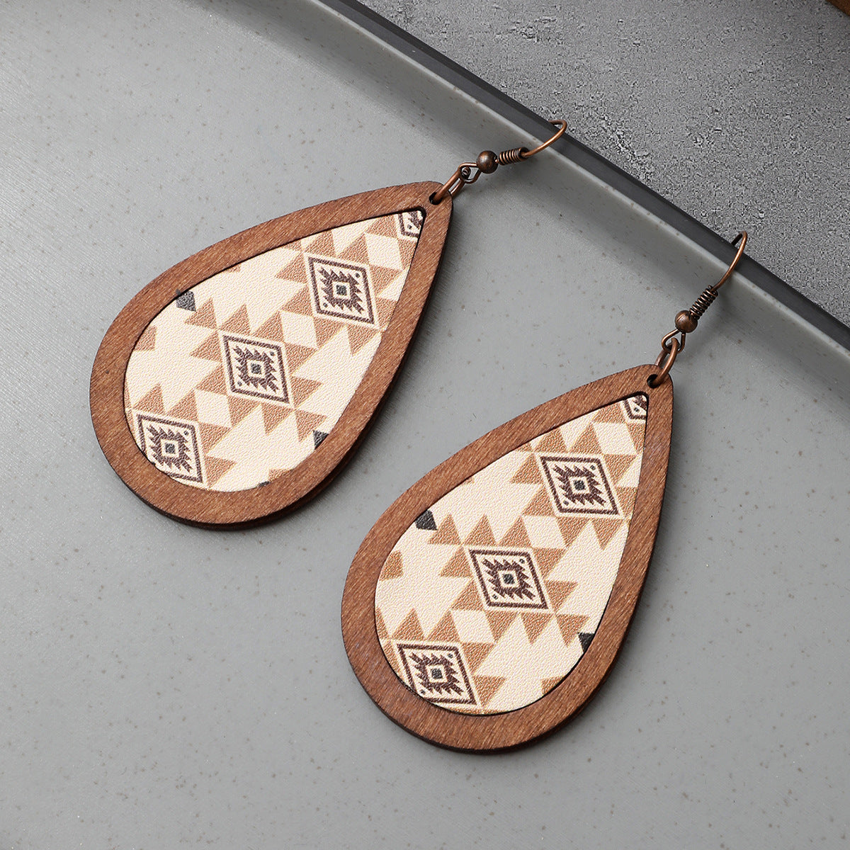 Wholesale Denim Cactus Cow Head Vintage Totem Pattern Leather Wood Earrings