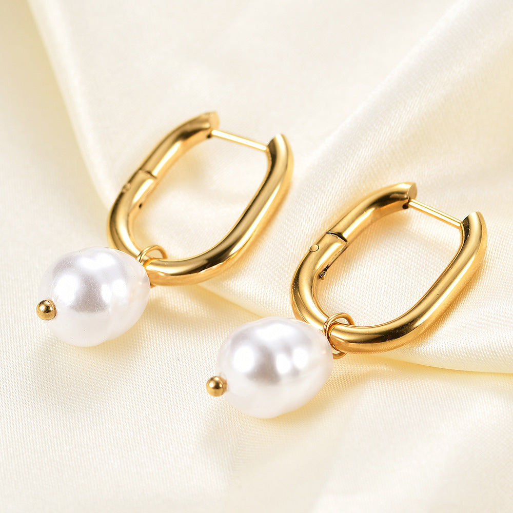 Wholesale Stainless Steel Pearl U Shape Hollow Earrings