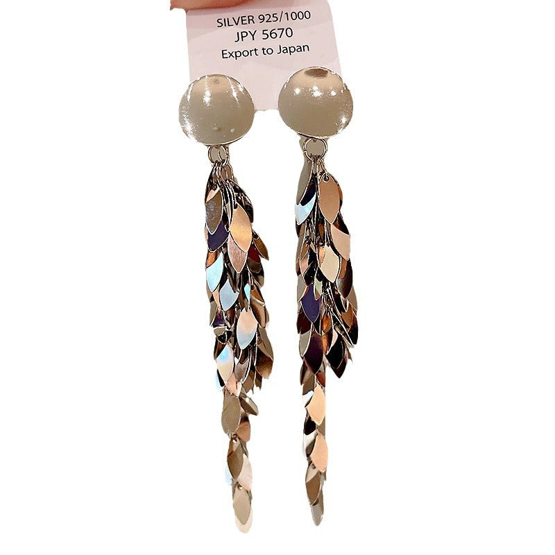 Wholesale Metal Sequin Leaf Tassel Earrings