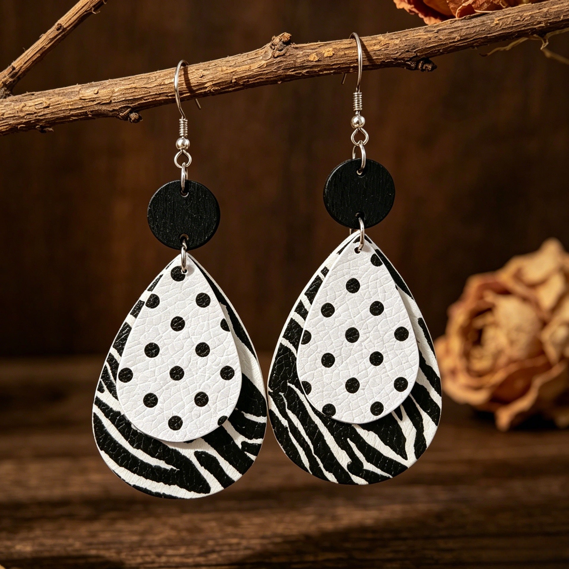 Wholesale Vintage Zebra Pattern Polka Dot Leather Earrings Party Wear Fashion Accessory