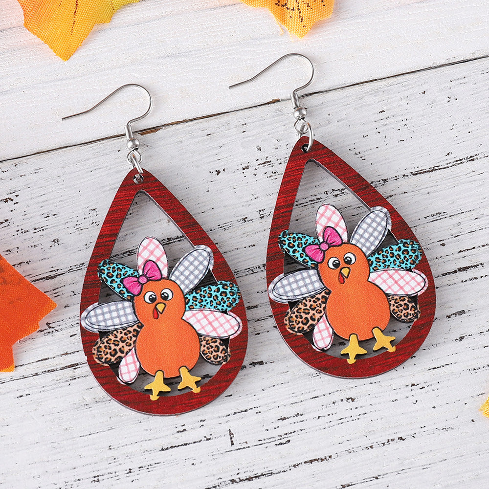 Wholesale Autumn Harvest Thanksgiving Cute Turkey Water Drop Hollow Pendant Earrings