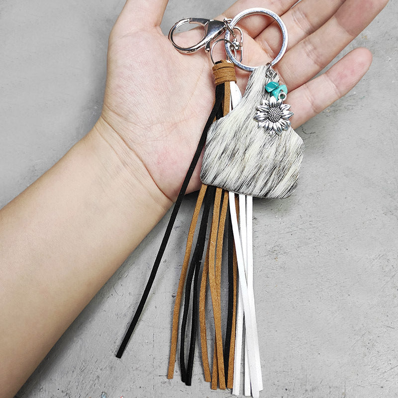 Wholesale Western Style Leopard Fringe Pinestone Sunflower Keychain ACC-KC-HY011
