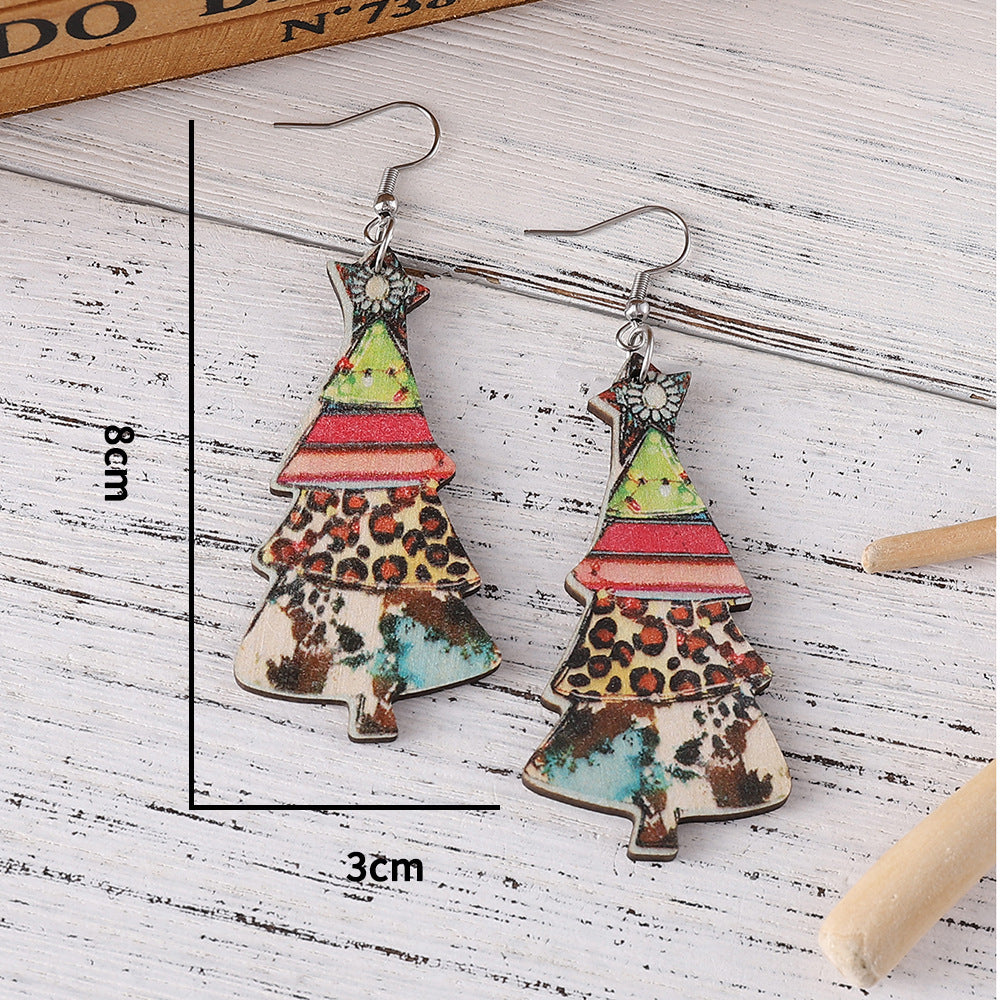 Wholesale Christmas leopard print Christmas tree pendant wooden double-sided earrings