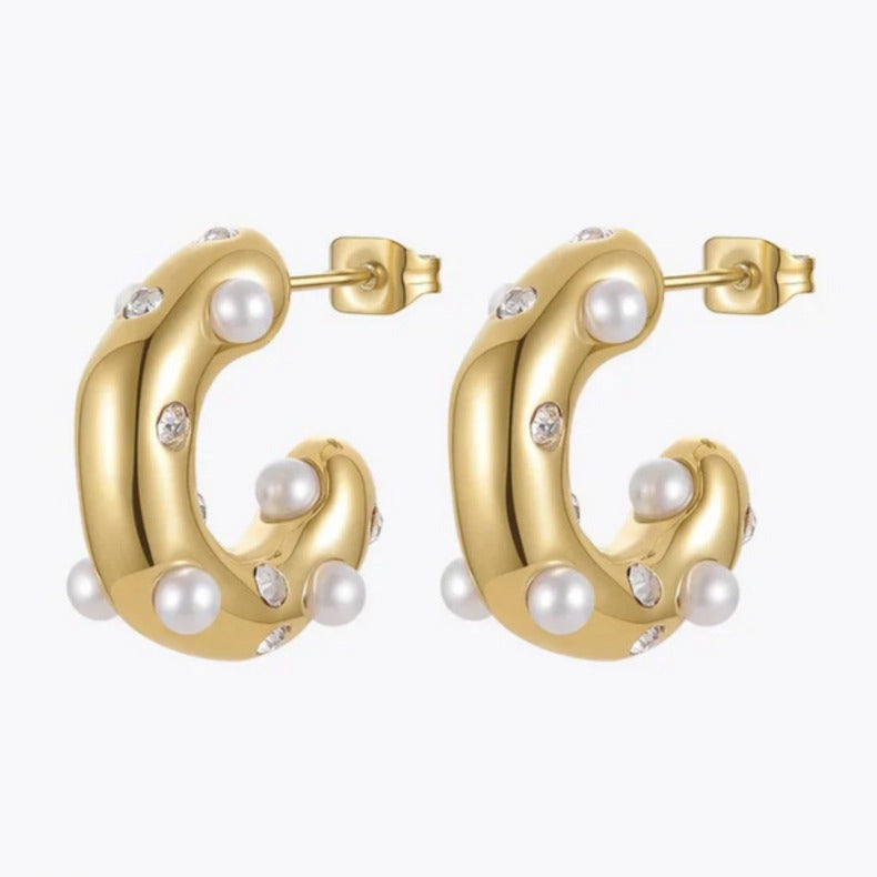 Wholesale  special-shaped hammered zircon inlaid Pearl C- shaped earrings