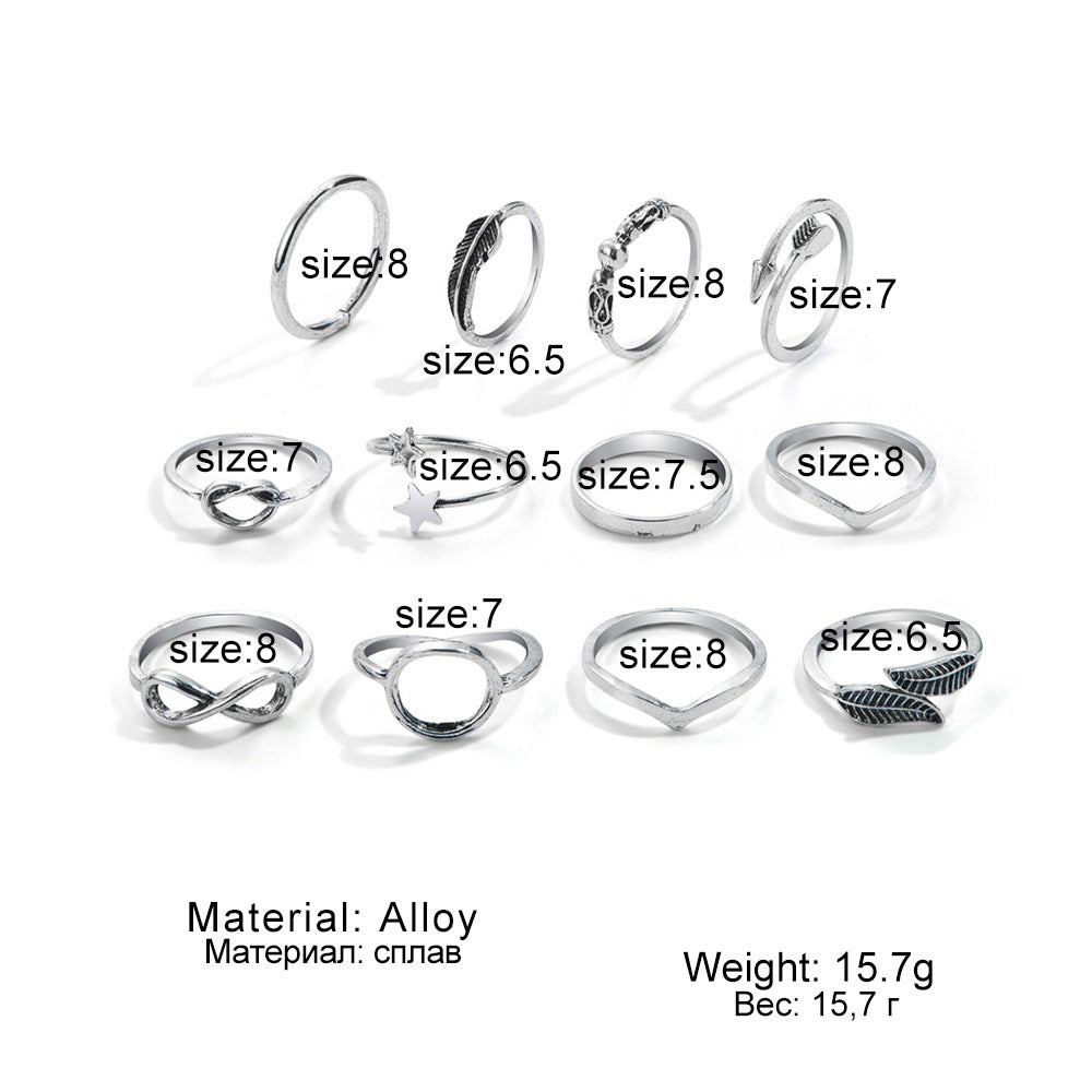 Wholesale 12 PCS/Set Star Moon Letter Leaf Arrow Old Joint Ring Knot Knot Ring
