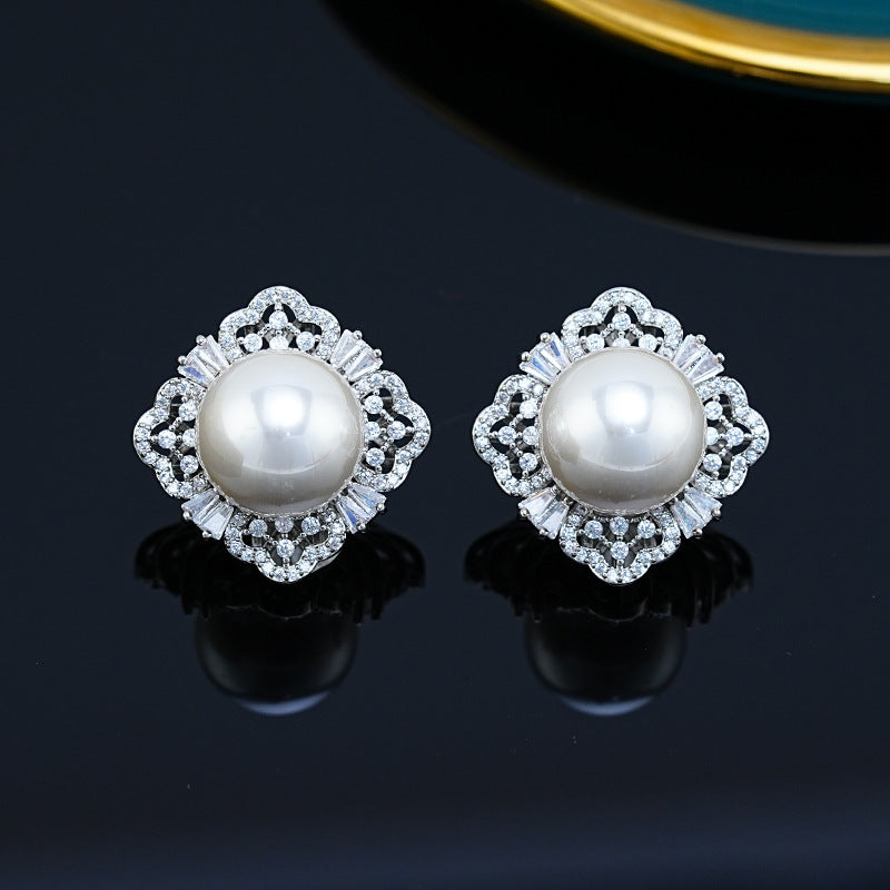 Wholesale Diamond Pearl Silver Post Earrings