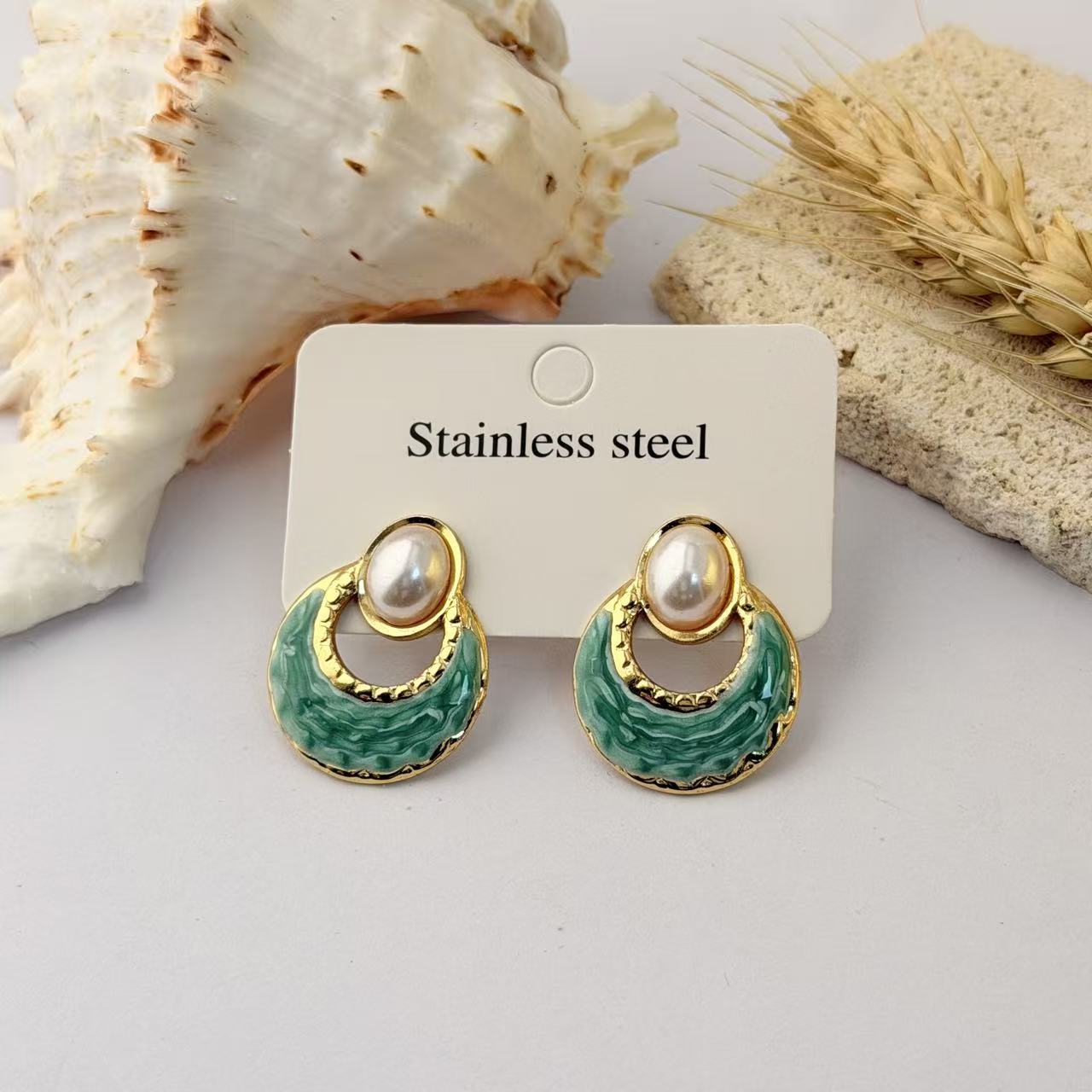 Wholesale Dripping Glaze Stainless Steel Earrings Minimalist Fan-Shaped Fashion Jewelry Accessory for Women