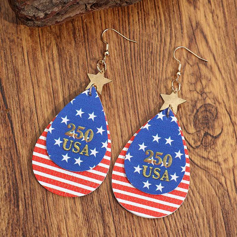 Wholesale American Independence Day Flag Striped Leather Double Layer Earrings