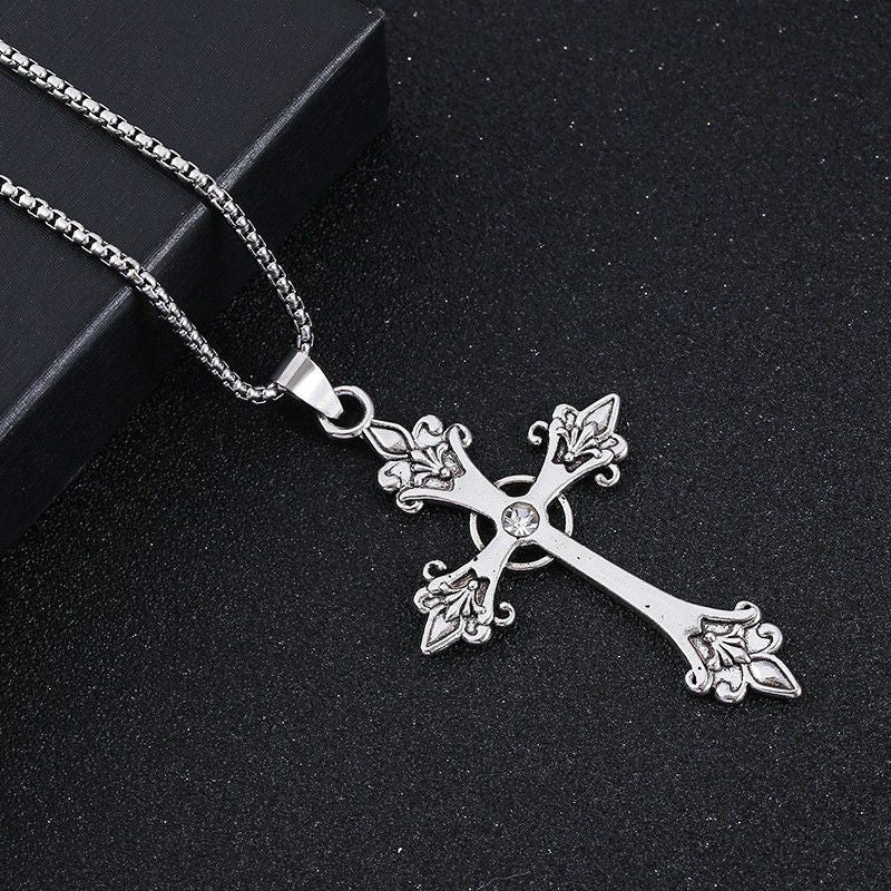 Wholesale Titanium Steel Vintage Diamond Cross Pendant Necklace